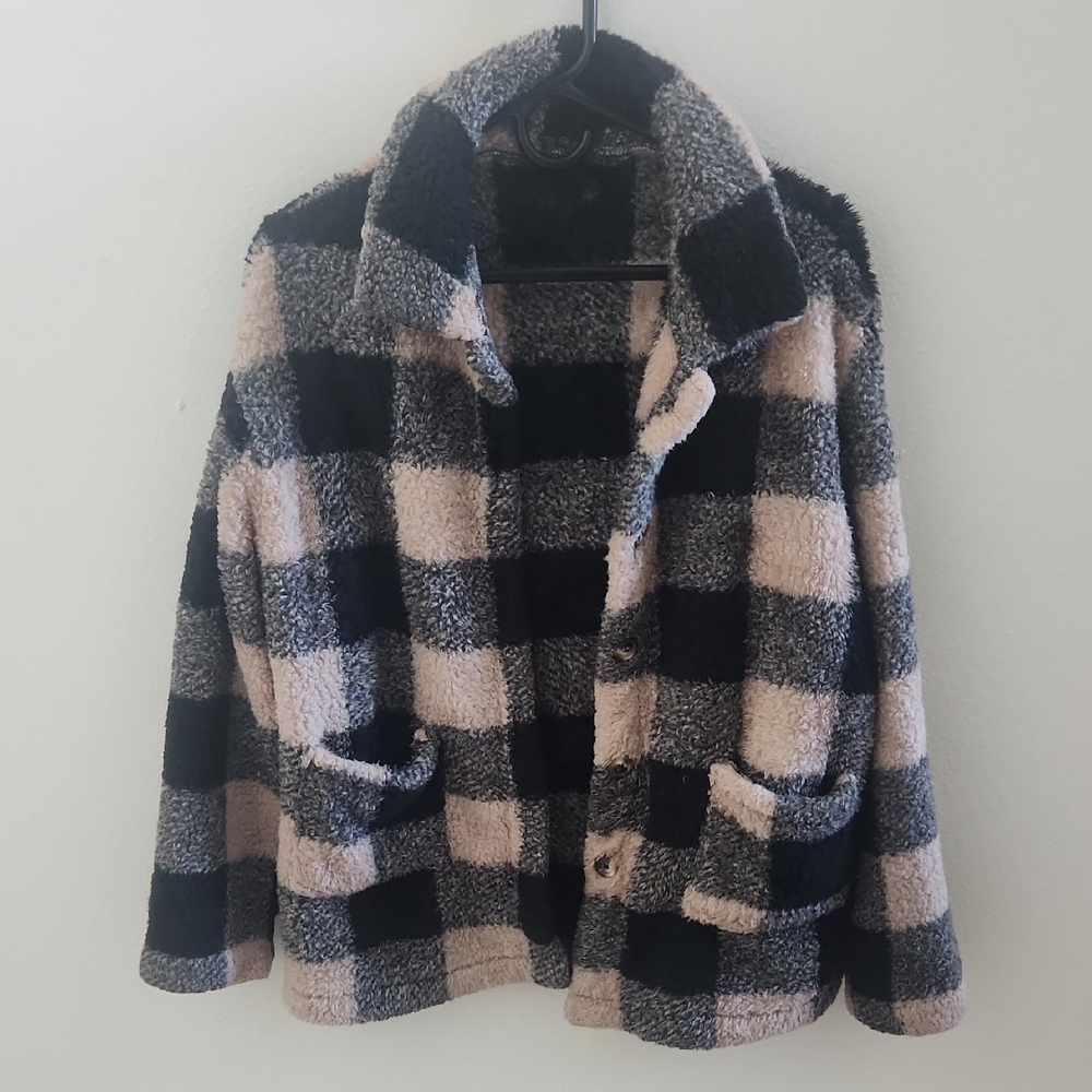 Black, Grey, And Cream Plaid Button Up Sherpa Jacket